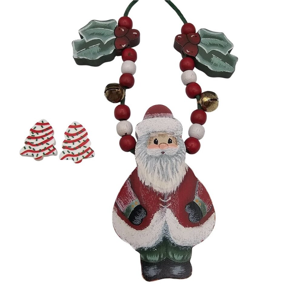 Santa Claus Christmas Painted Necklace Earring Set VTG Holiday Festive‎ Folk Art